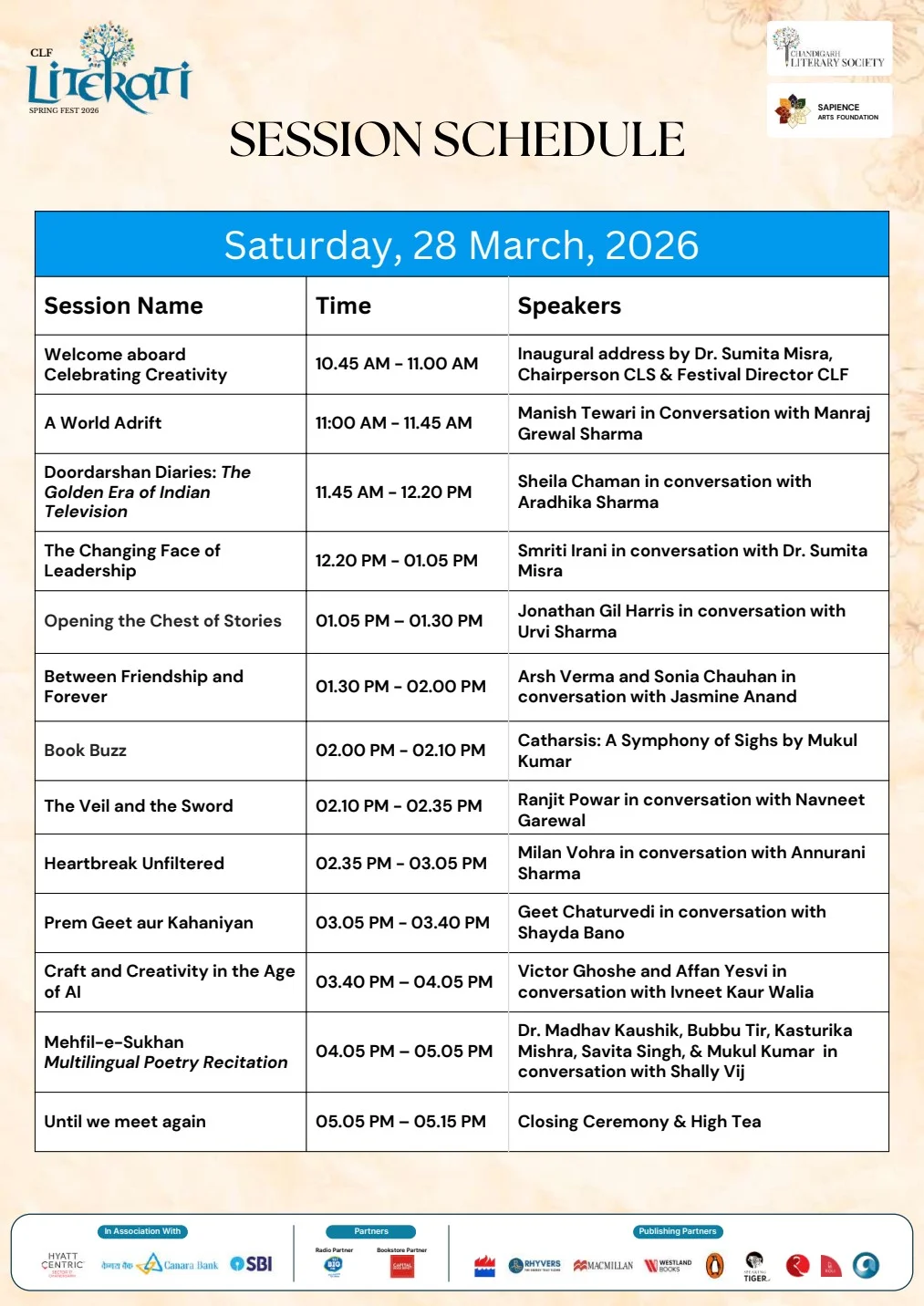 Spring Fest session programme — 28 March 2026