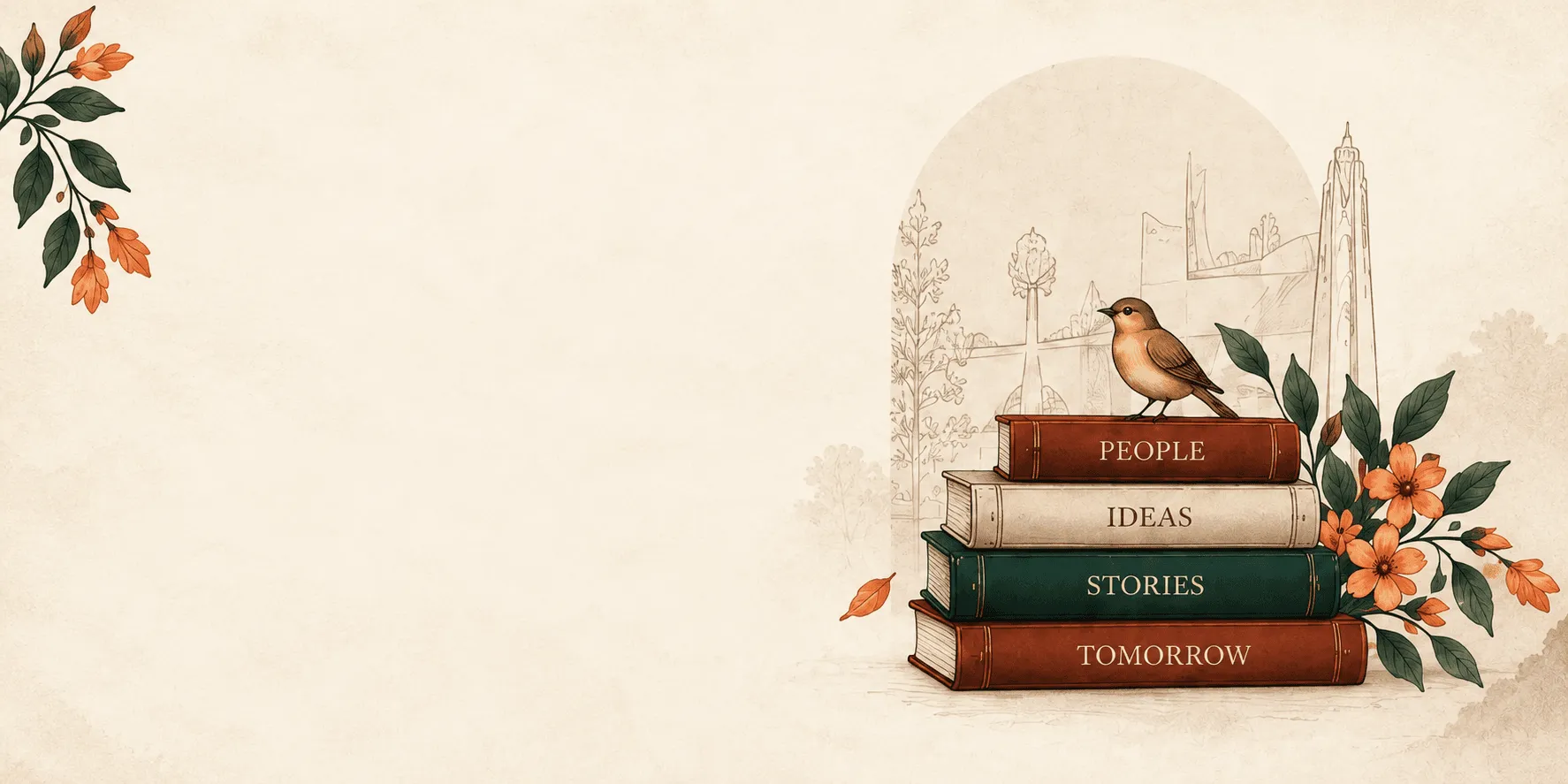 A bird perched on books surrounded by flowers and Chandigarh architecture
