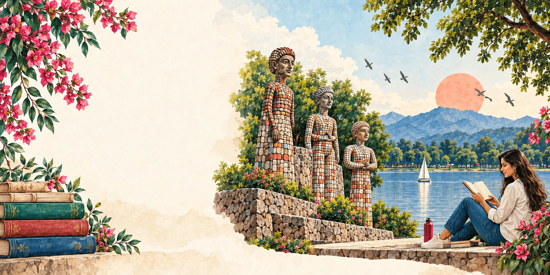 Rock Garden mosaic sculptures and a reader beside Sukhna Lake in Chandigarh